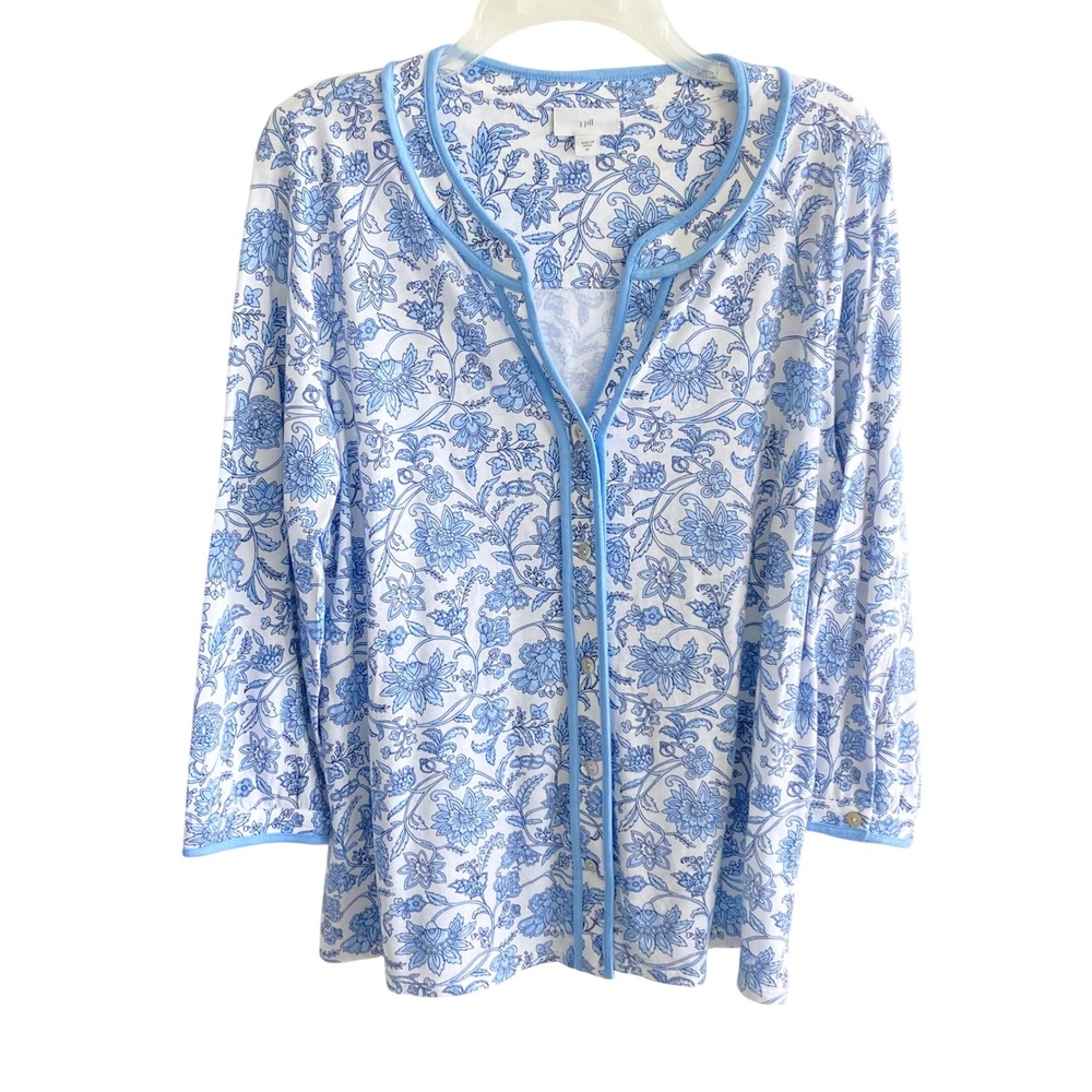 J. Jill Blue White Floral Button Down 3/4 Sleeve Knit Top Medium